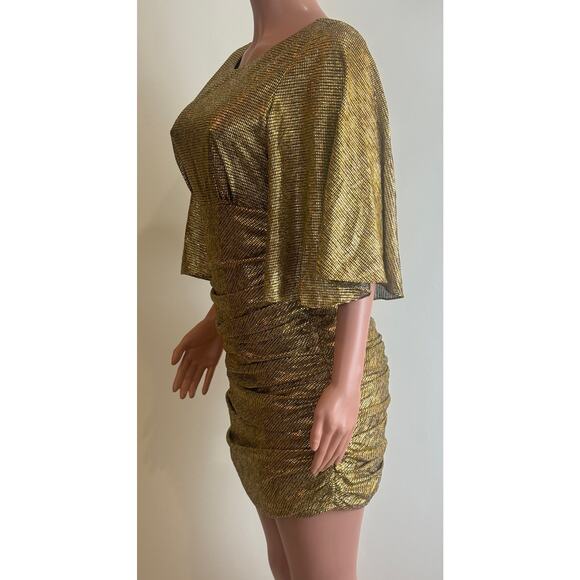 Shona Joy Cleo Circle Sleeve Ruched Mini Dress Womens 8 Gold Metallic Crepe - Picture 5 of 16